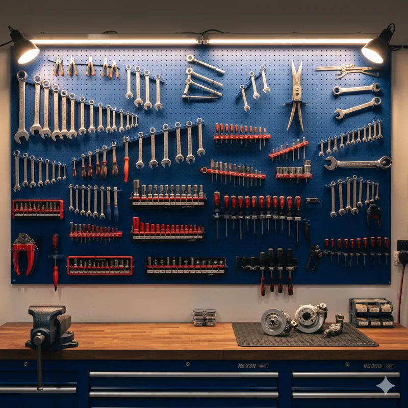Organized tool wall and workbench